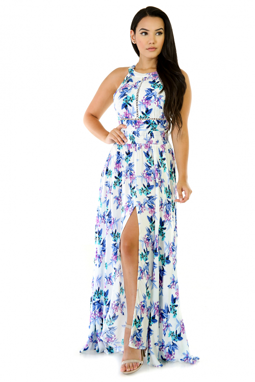 Pastel Blue Floral Maxi Dress