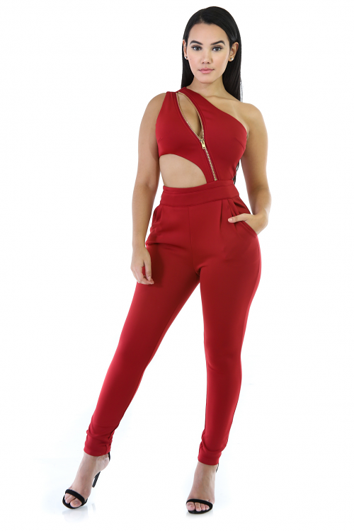 One Shoulder Stretchy Zipped Jumpsuit