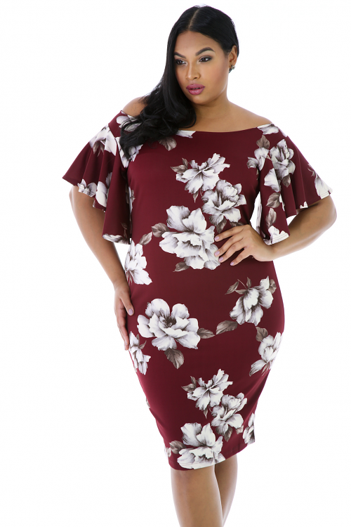 Floral Print Boat Neck Ruffle Sleeves Dress
