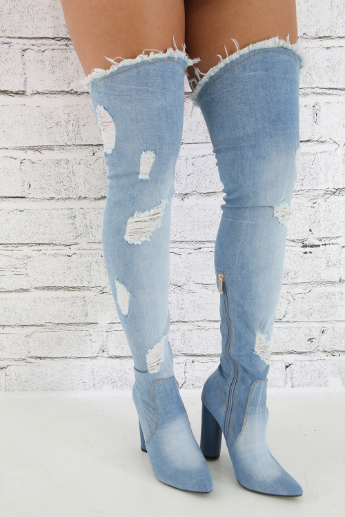 Denim Distressed Over The Knee Boots
