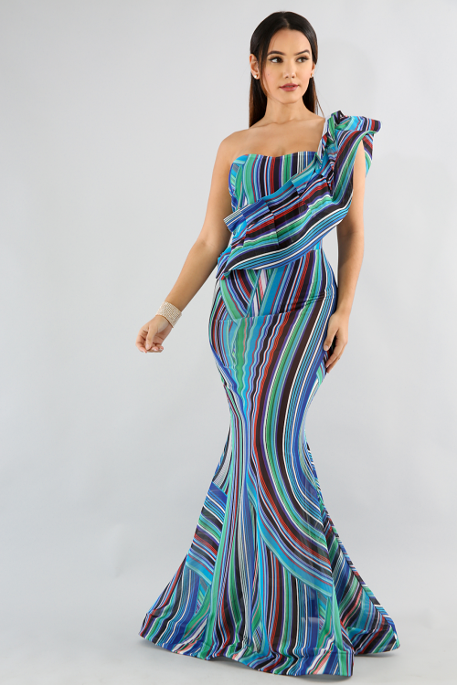 One Shoulder Swirl Striped Maxi Dress