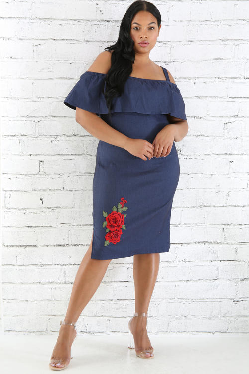 Denim Rose Embroidery Dress