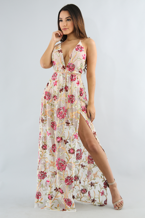 Floral Embroidery Maxi Romper