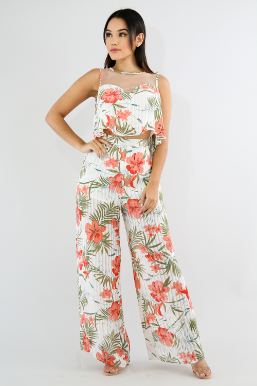 Sheer Pleated Floral Pant Set