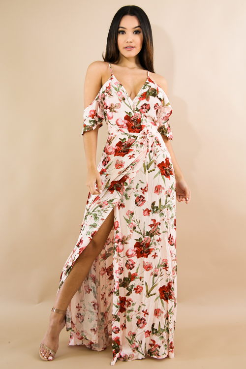 Floral Surplice Self-Tie Maxi Dress