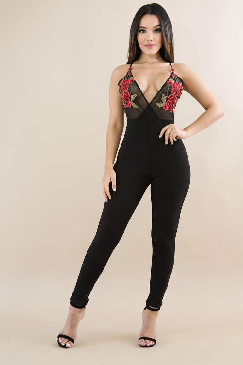 Mesh Embroidery Rose Jumpsuit