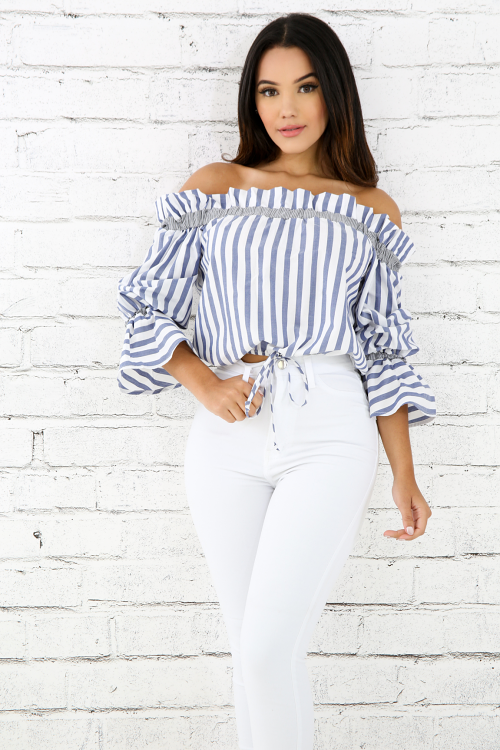 Pleated Striped Puff Top