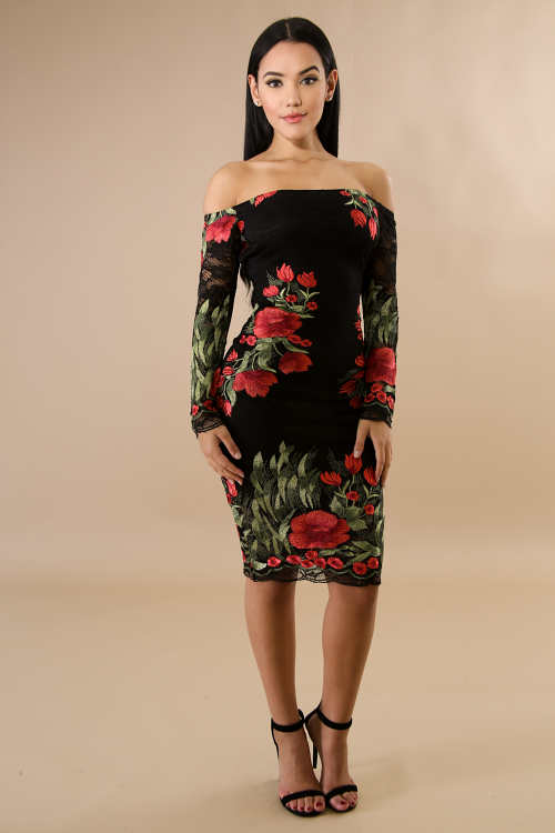 Embroiled Rosas Off Shoulder Long Sleeve Dress