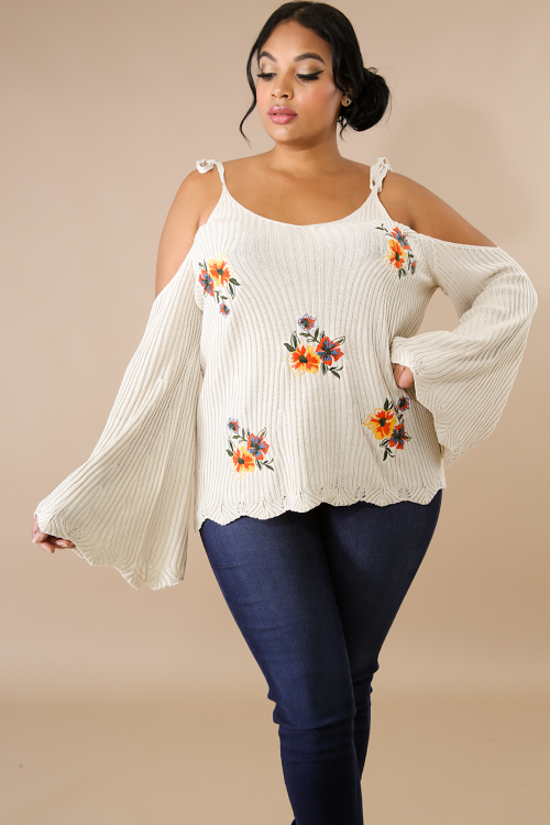 Embroidered Floral Knit Tie Sweater Top