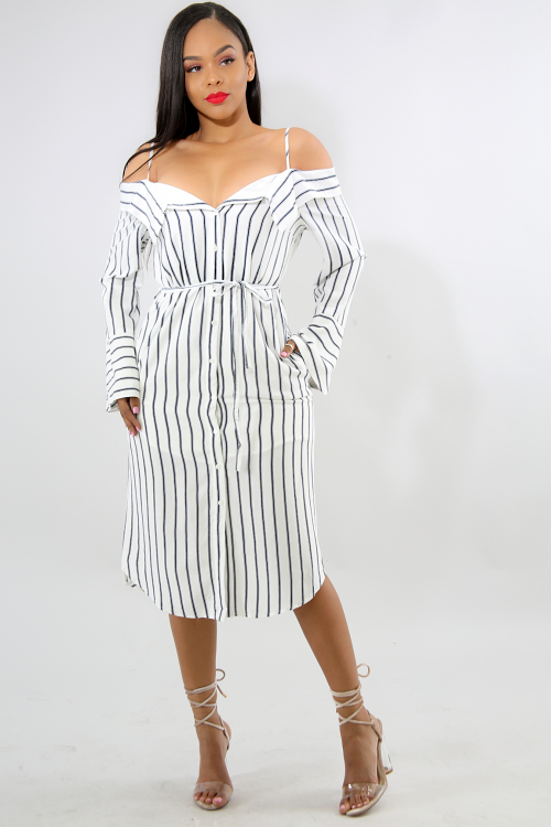 Striped Off Shoulder Midi Dress