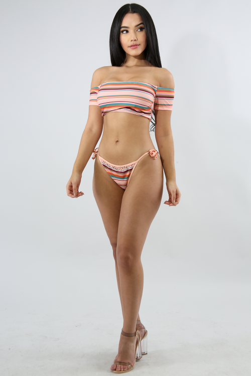 Stripe Off Shoulder Bikini Set