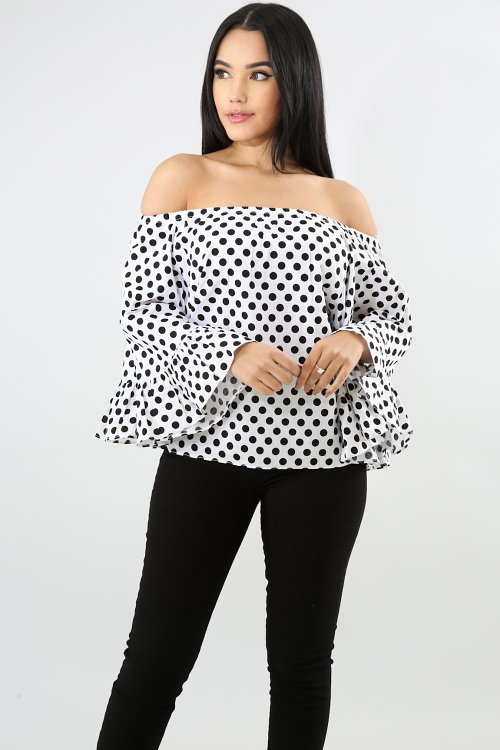 Dots Layered Ruffle Sleeve Off-The-Shoulder Top