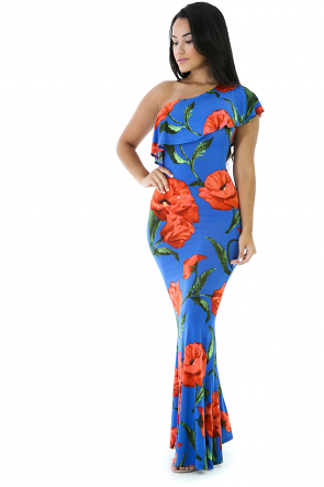 One Shoulder Floral Print Ruffle Mermaid Dress
