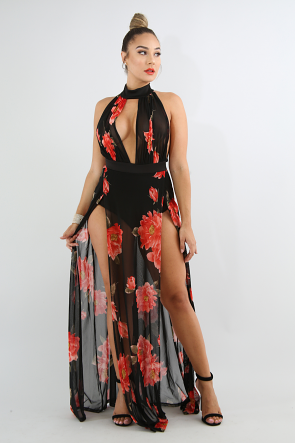 Sheer Floral Maxi Bodysuit Dress