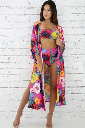 Blossom Slit Kimono Swimsuit Set