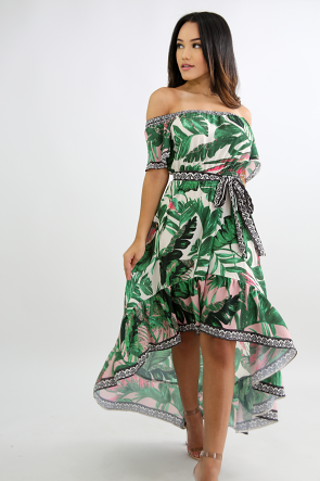 Tropical Leaf Flare Dress