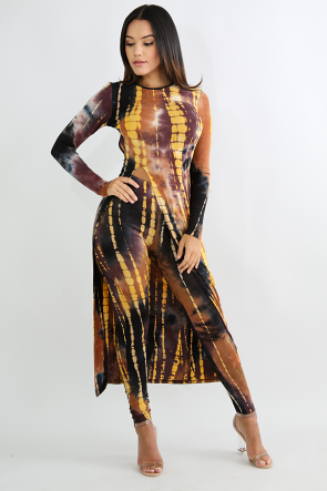 Tie Dye Open Back Slit Maxi Top with High Rise Leggings Set