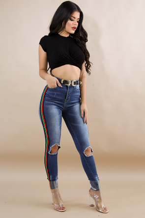 Multi-Color Striped Ripped High Waist Jeans