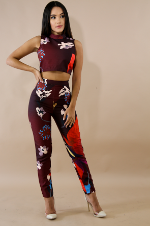 Floral Round Crop Top with High Waist Pants Set