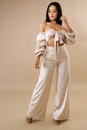 Front Bow Tie Silky Pant Set