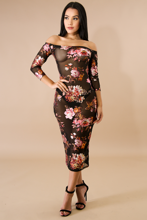 Sheer Floral Foil Midi Body-Con Dress