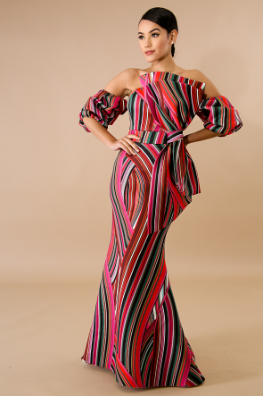 Swirl Stripe Bow Maxi Dress