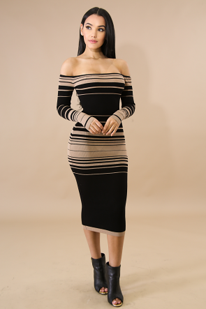Long Sleeve Knit Stripe Midi Dress