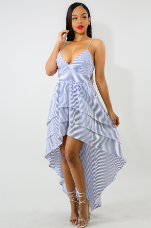 Striped Flare Pleated Long Tail Dress