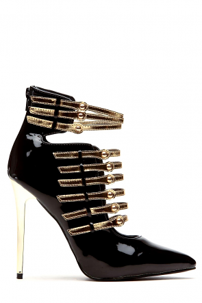 Black-Gold Buckles Patent Pointed Bootie