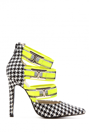 Neon Yellow Checker Houndstooth Strapped Pointed Toe Heels